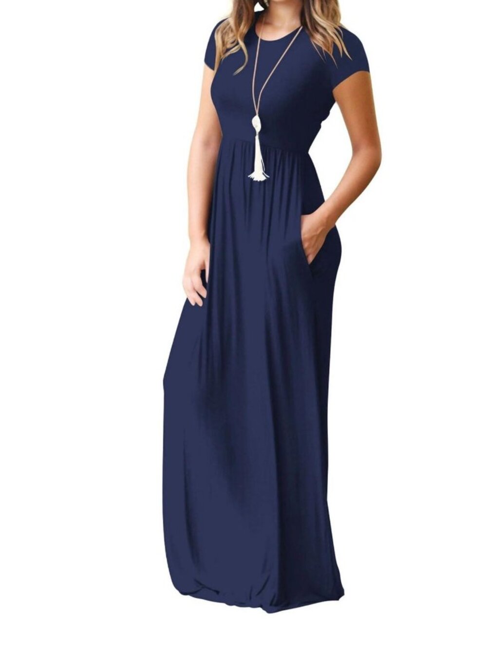 Women's Navy Blue Short Sleeve Maxi Dress with Pockets
